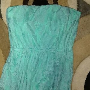 Strapless aquamarine lace high-low dress